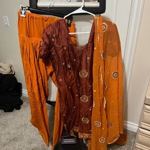 Traditional Orange and Brown Embroidered Outfit